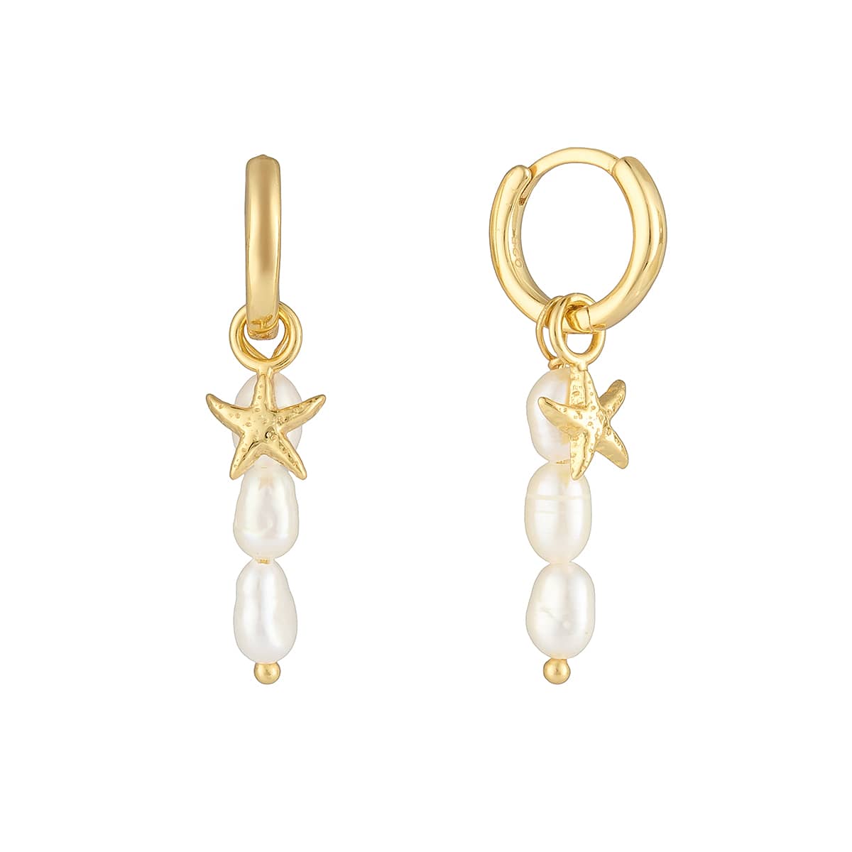 Serene Scenes The Label 18K Gold Cove Hoop Earrings, featuring gold sleepers (clickers) with hanging gold starfish and three pearl beads