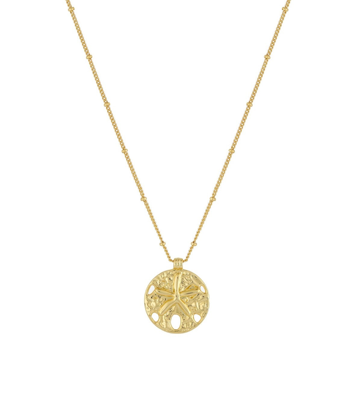 Serene Scenes The Label 18K gold-filled Sand Dollar Necklace. Gold chain with circular pendant featuring starfish and textured design.