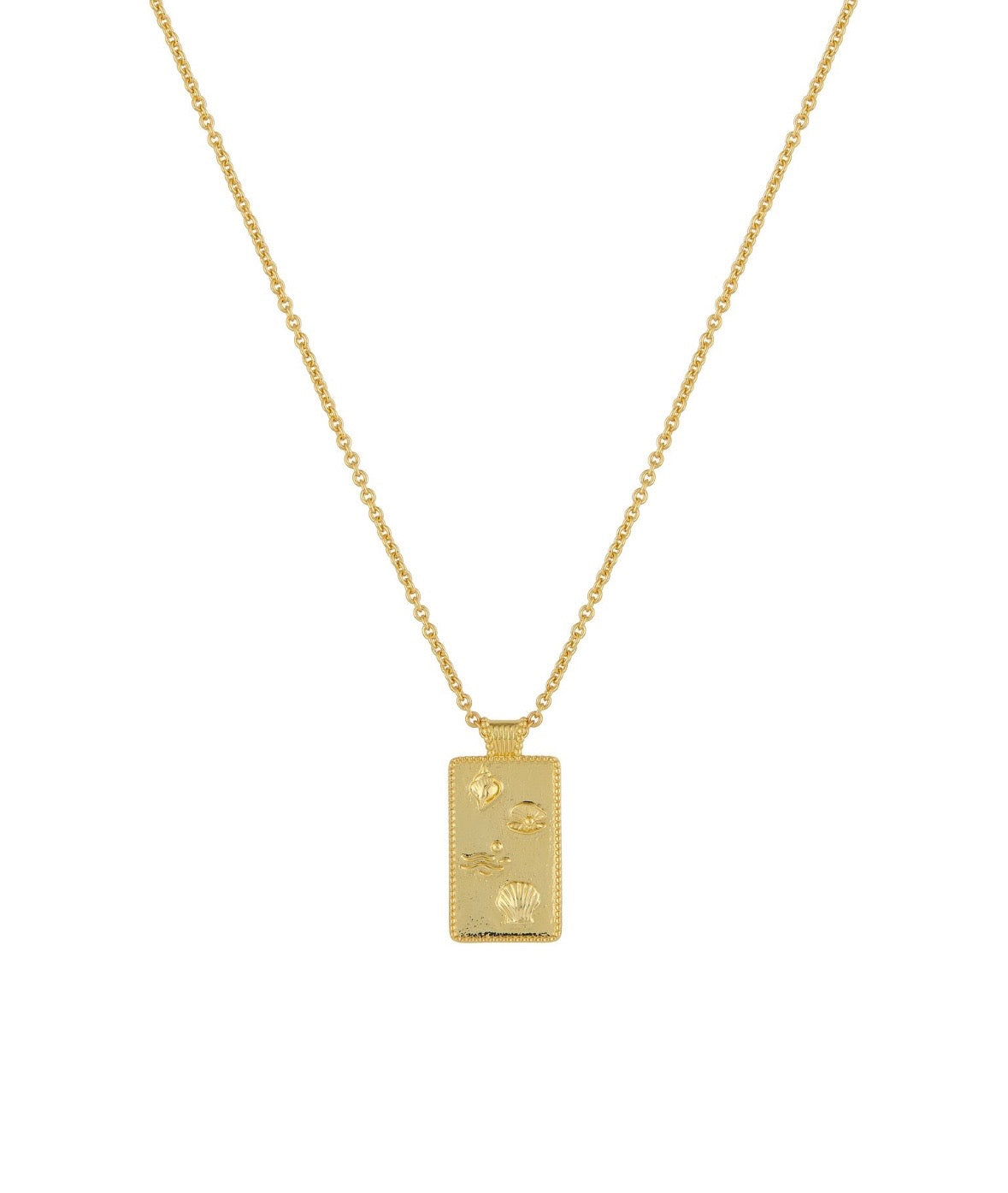 Serene Scenes The Label 18K gold-filled Under The Sea Necklace. Gold chain with rectangular pendant featuring shell designs.