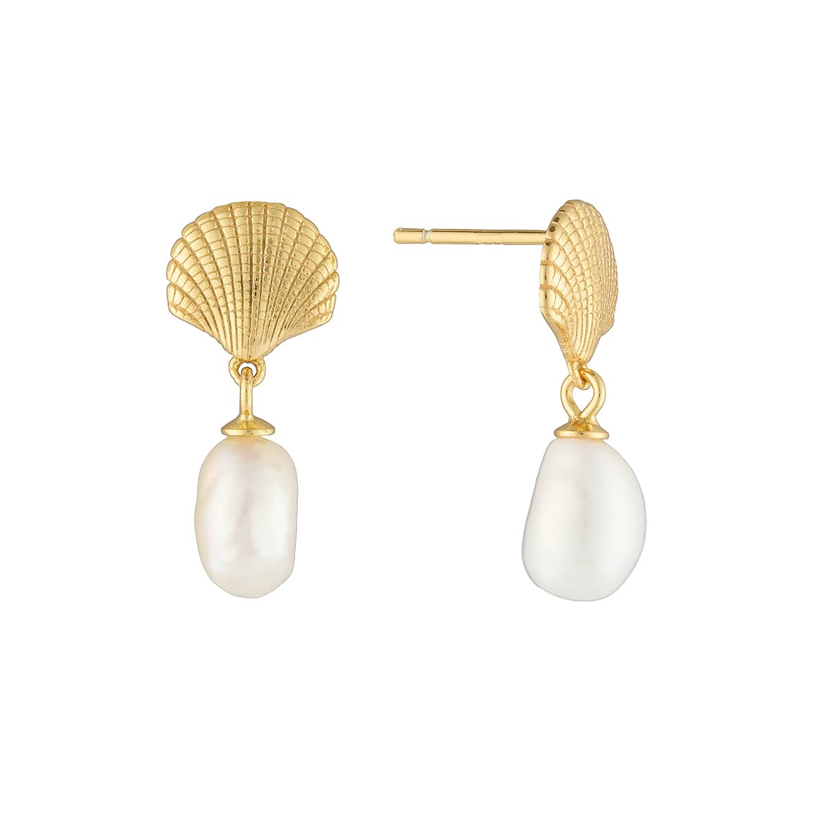 Serene Scenes The Label 18k Gold Lahana Stud Earrings, featuring gold shell stud design with hanging naturally sourced pearl