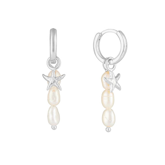 Serene Scenes The Label 925 Sterling Silver Cove Hoop Earrings, featuring silver sleepers (clickers) with hanging silver starfish and three pearl beads