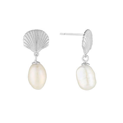 Serene Scenes The Label 925 Sterling Silver Lahana Stud Earrings, featuring silver shell stud design with hanging naturally sourced pearl